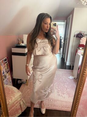 Macy's Satin Skirt and Top with Bow Embroidery in Blush